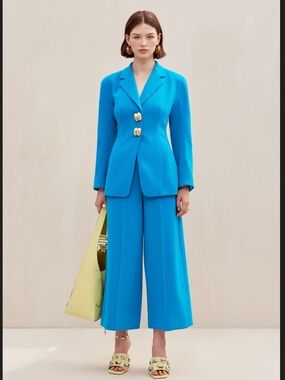cult gaia caro malibu blue wide leg high waist cropped suit trouser pants size 8